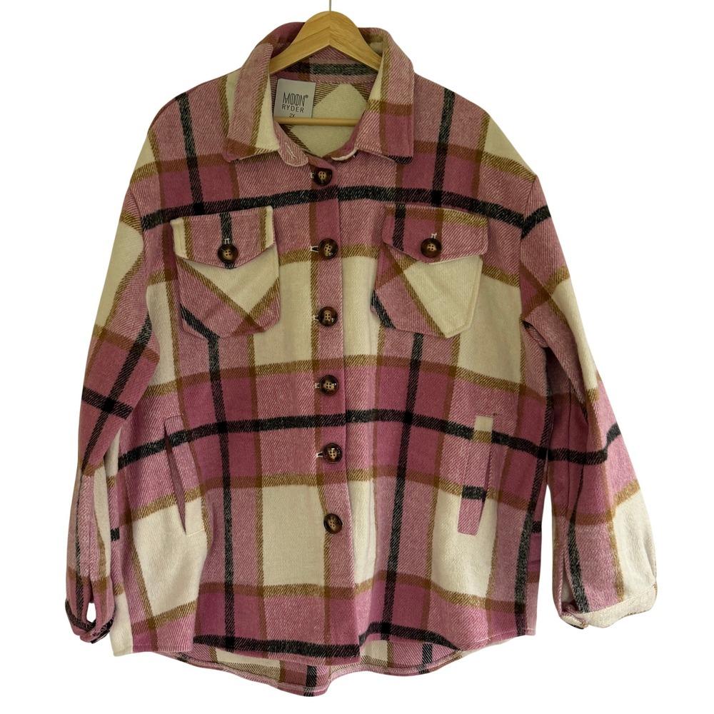 Moon Ryder Pink Plaid Shacket Womens 2XL Button Front Oversized Shirt Jacket